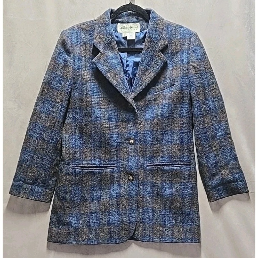 Vintage Eddie Bauer Women's Blazer Jacket Coat 100% Wool Blue Plaid‎ Size Small